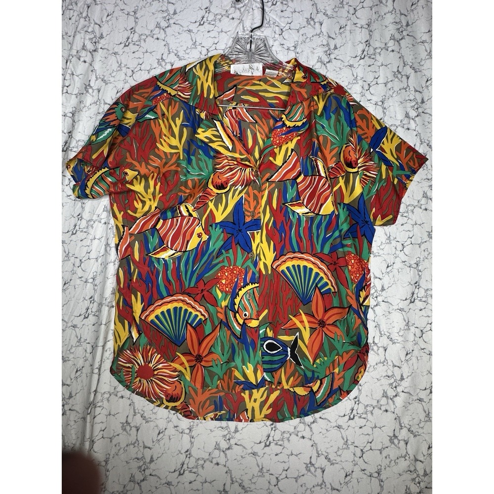 Vintage Shapely Colorful Fish Sea Life Tropical Short Sleeve Blouse | Rare